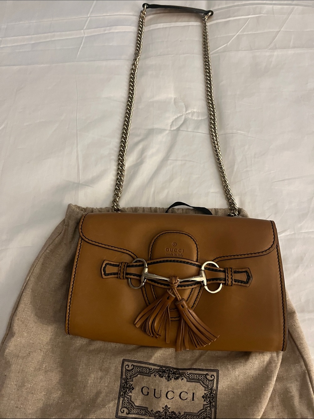 Gucci Cognac Leather Shoulder Bag with Tassel and Gold Chain
